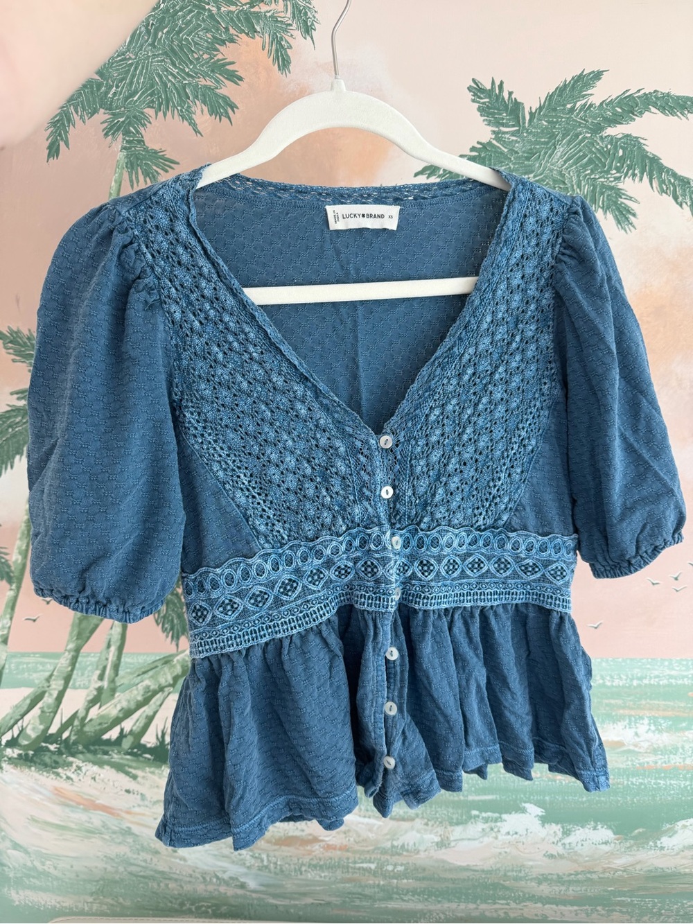 Lucky Brand Denim Blue Crochet-Trim Peplum Blouse